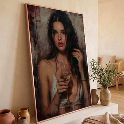 Woman with White Wine Canvas Print in rose gold floating frame