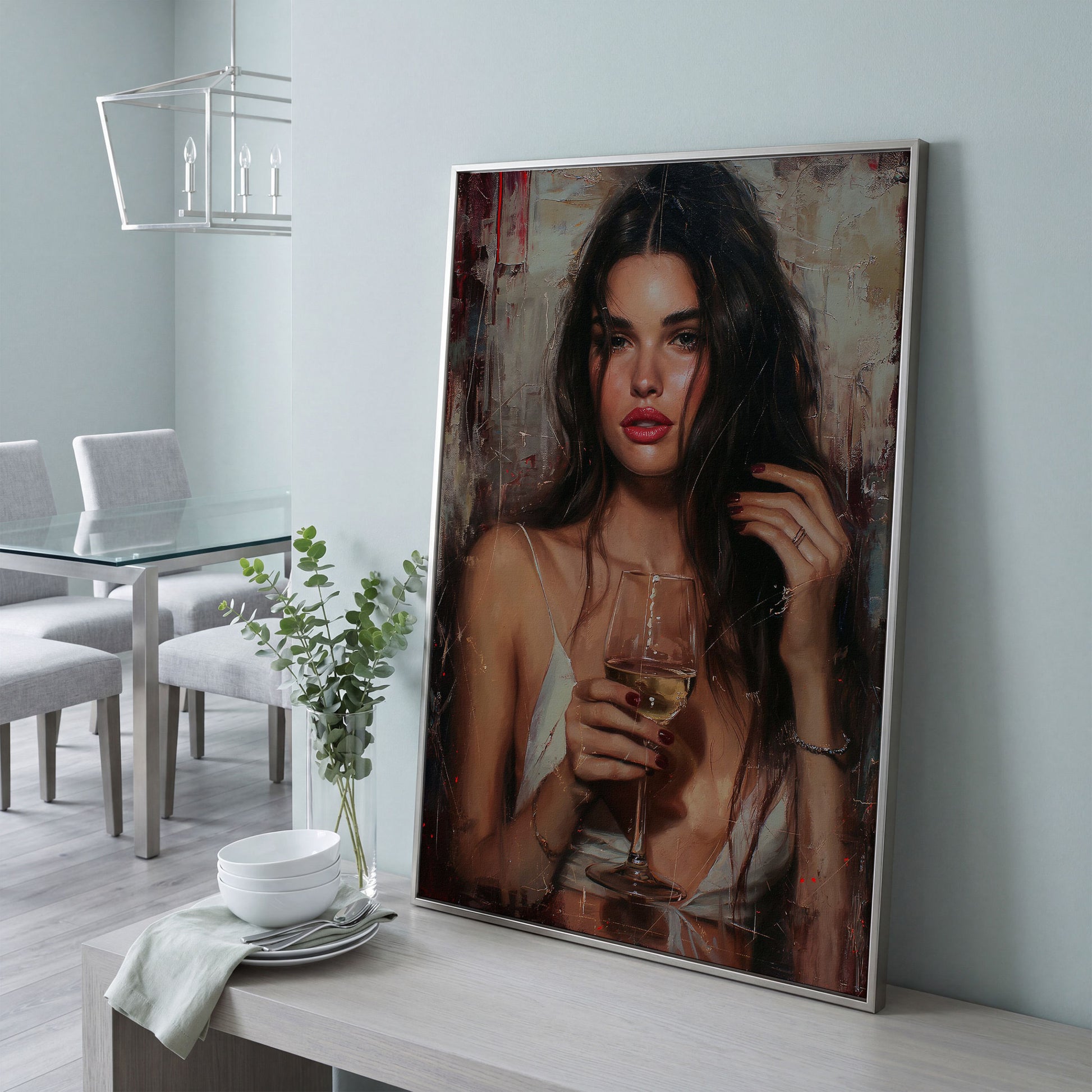 Woman with White Wine Canvas Print in silver floating frame