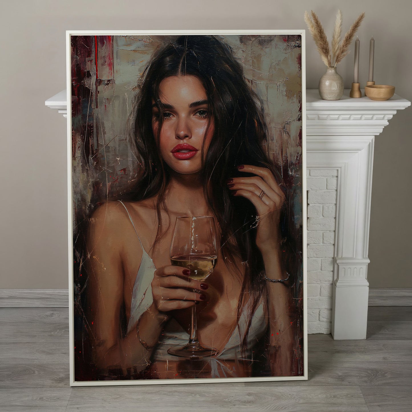 Woman with White Wine Canvas Print in white floating frame