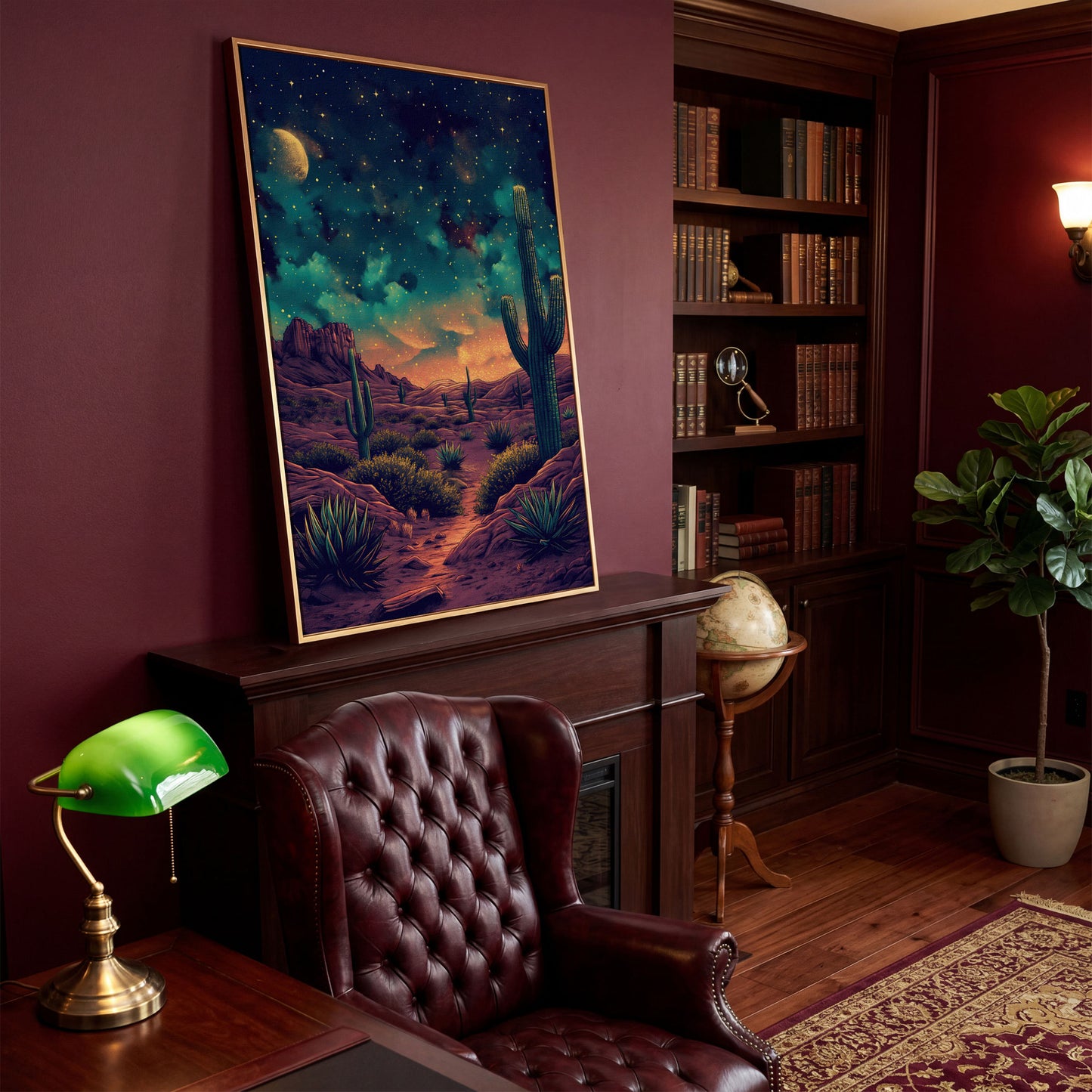 Starlit Desert with Saguaros Canvas Print in antique gold floating frame