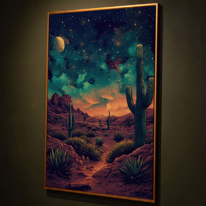 Starlit Desert with Saguaros Canvas Print shown in antique gold floating frame
