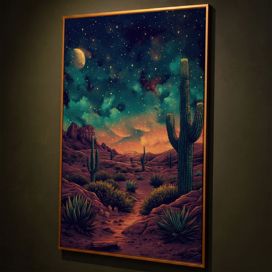Starlit Desert with Saguaros Canvas Print shown in antique gold floating frame