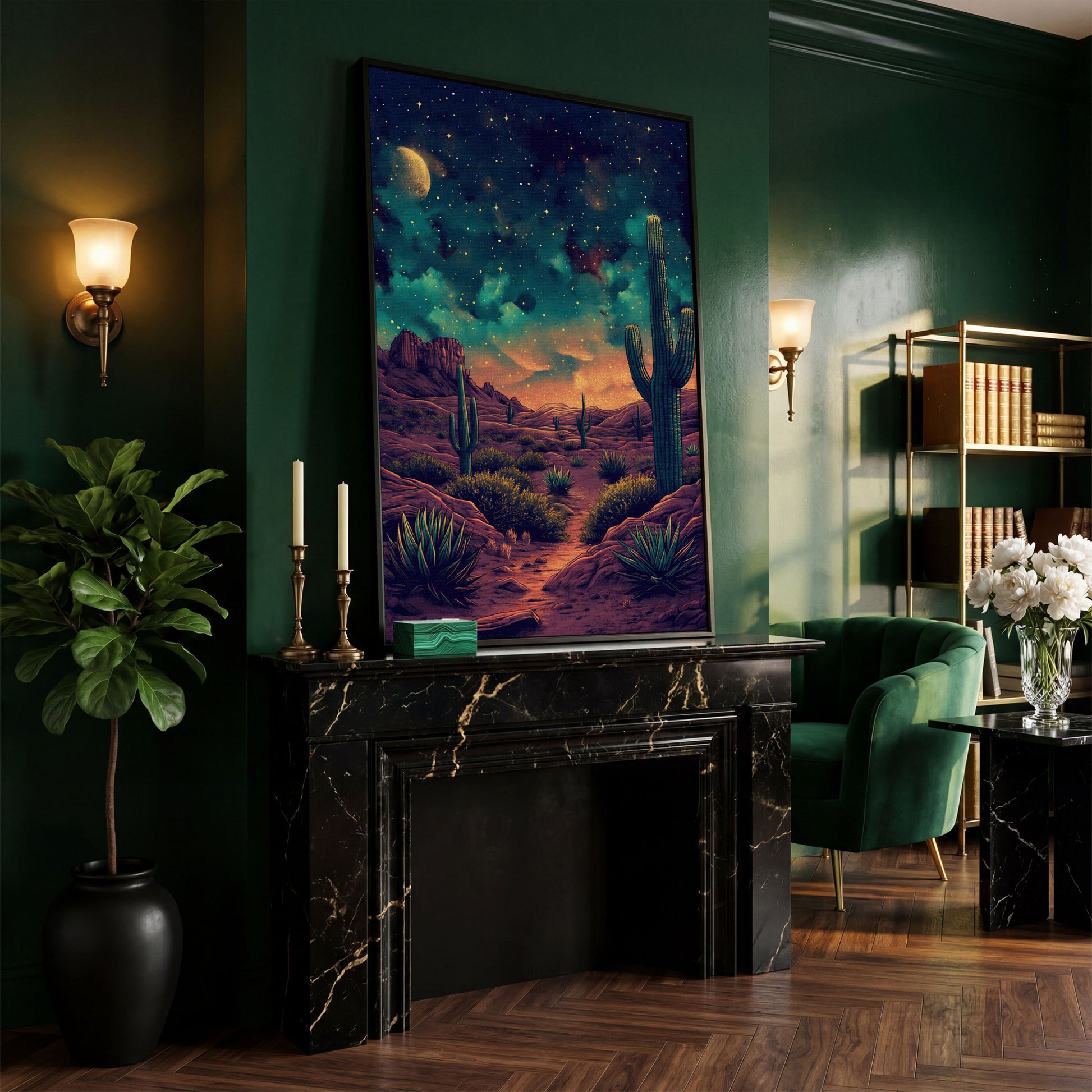 Starlit Desert with Saguaros Canvas Print in black floating frame