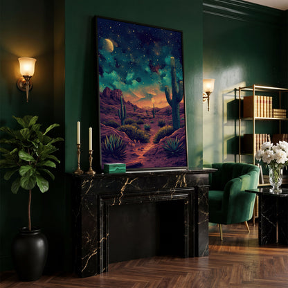 Starlit Desert with Saguaros Canvas Print in black floating frame