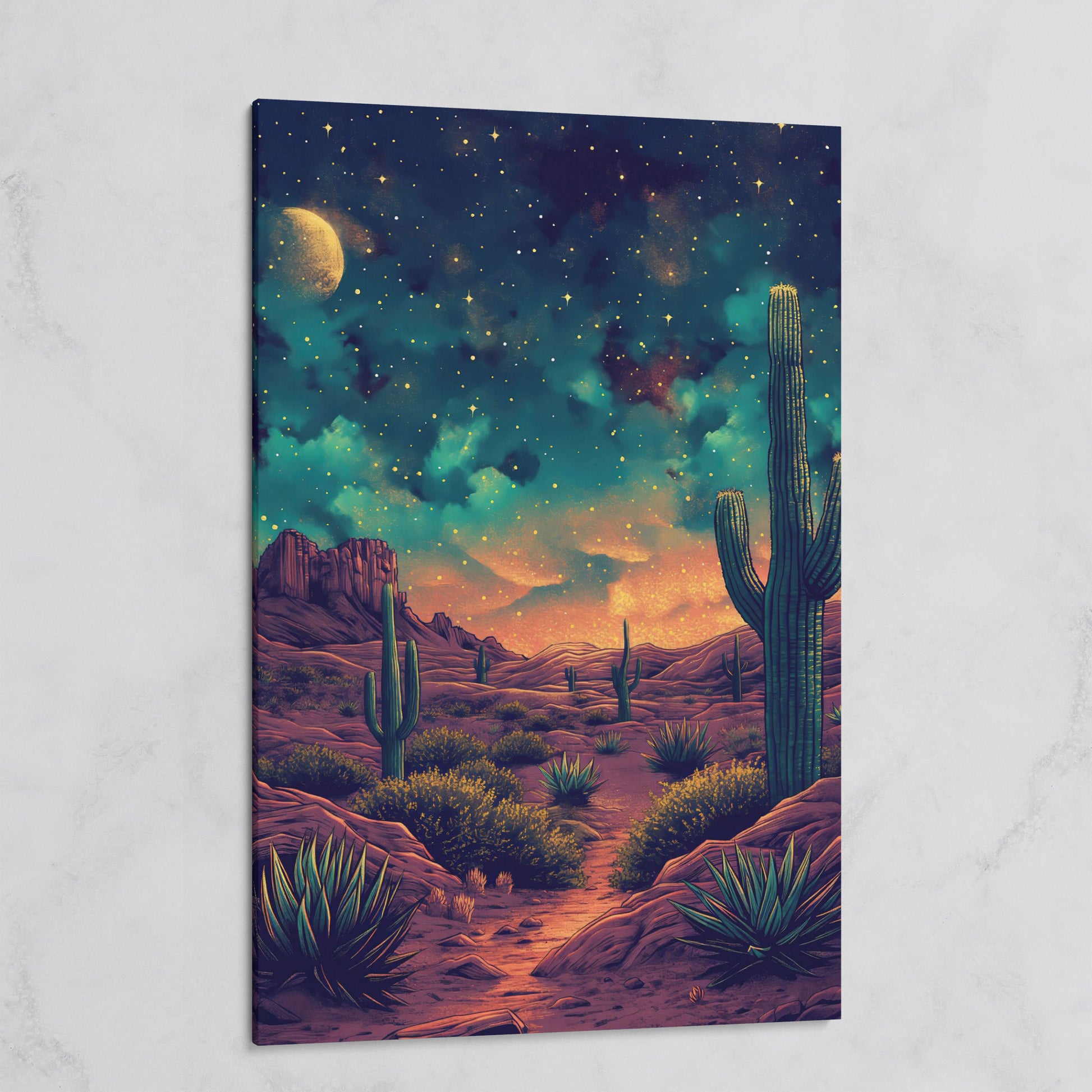 Starlit Desert with Saguaros Canvas Print on gallery wrap