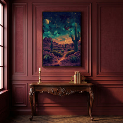 Starlit Desert with Saguaros Canvas Print in dark walnut floating frame