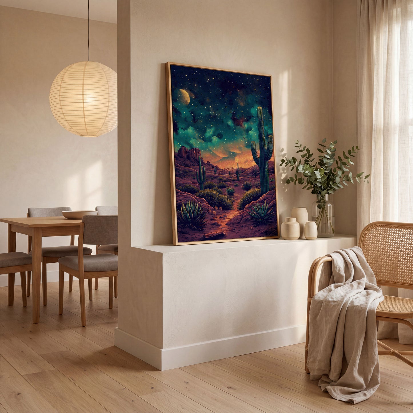 Starlit Desert with Saguaros Canvas Print in white oak floating frame