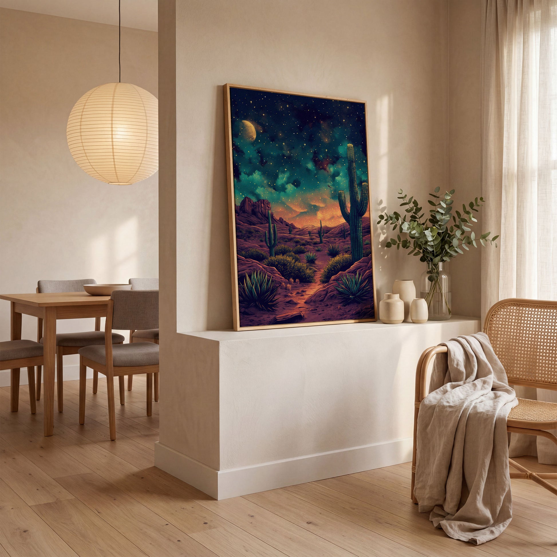 Starlit Desert with Saguaros Canvas Print in white oak floating frame