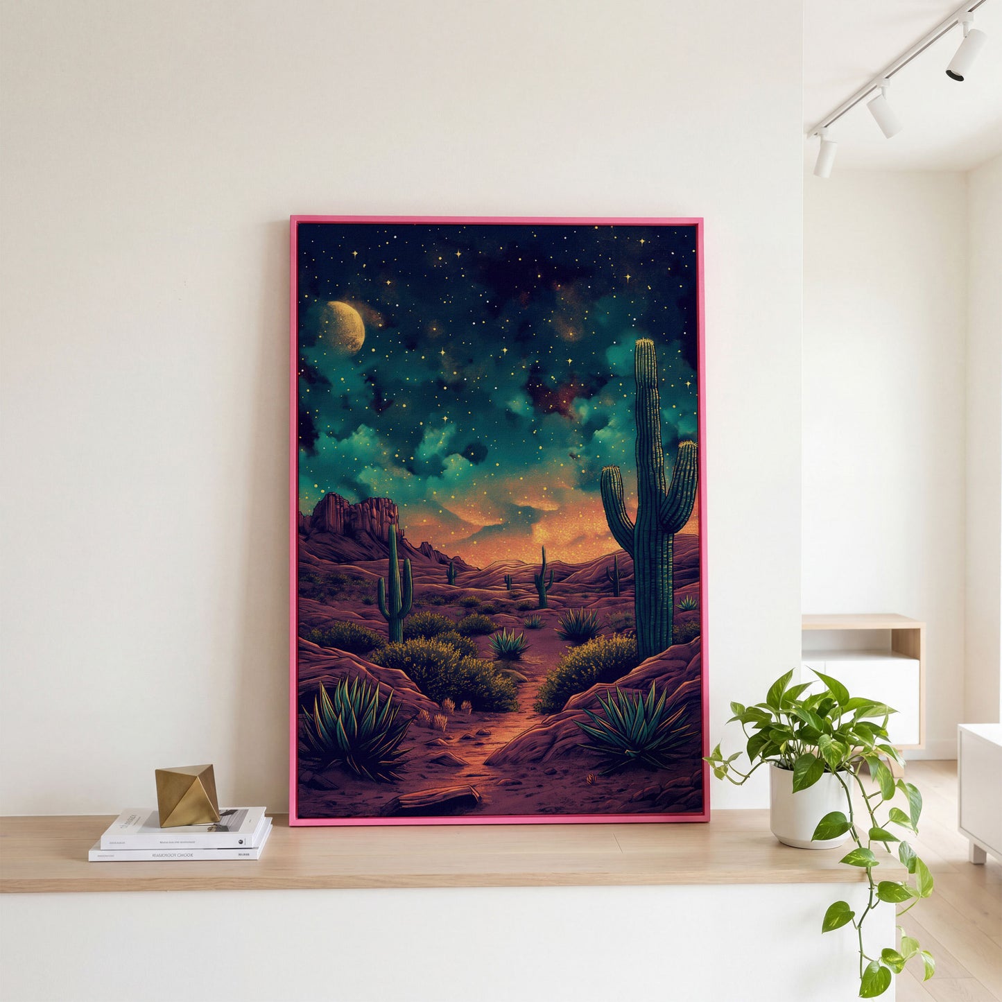 Starlit Desert with Saguaros Canvas Print in pink floating frame