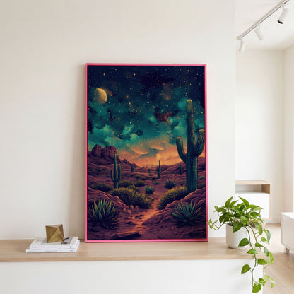 Starlit Desert with Saguaros Canvas Print in pink floating frame