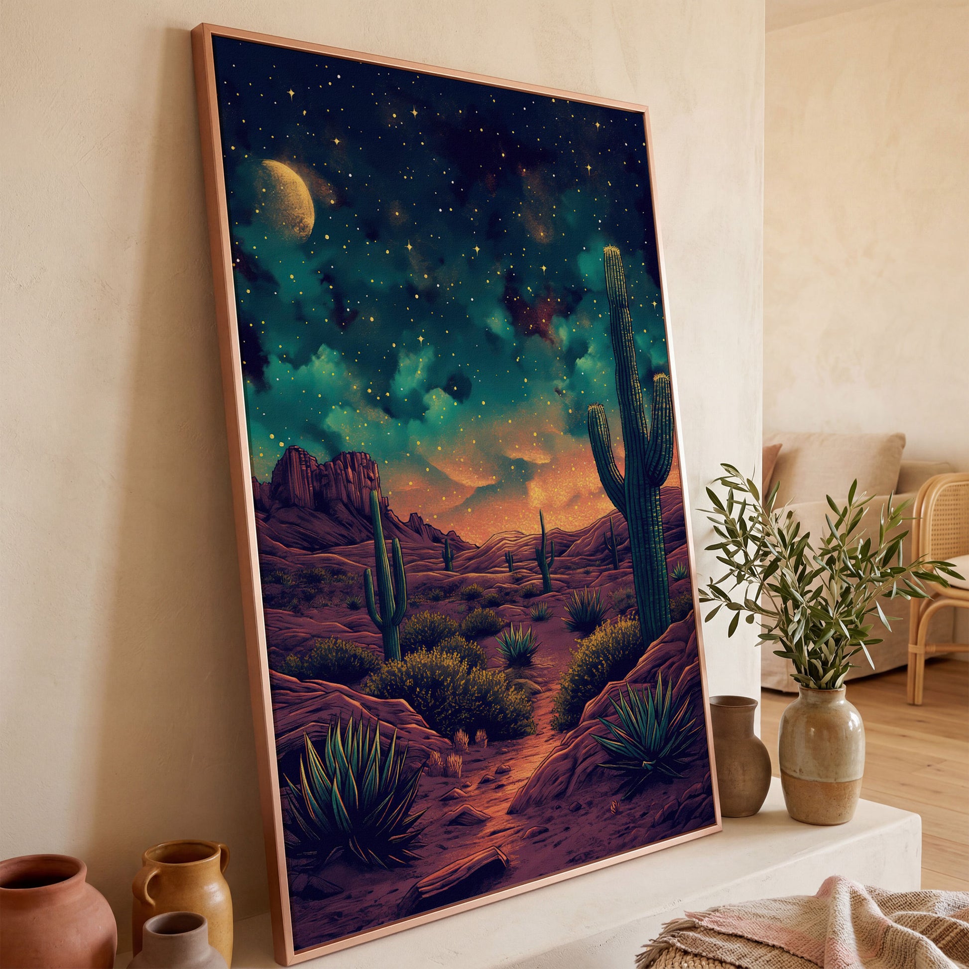 Starlit Desert with Saguaros Canvas Print in rose gold floating frame