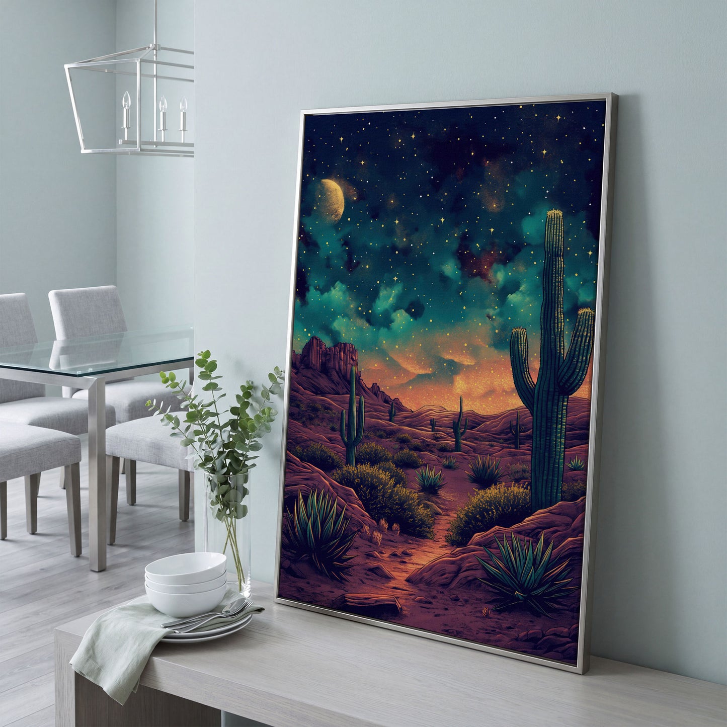 Starlit Desert with Saguaros Canvas Print in silver floating frame