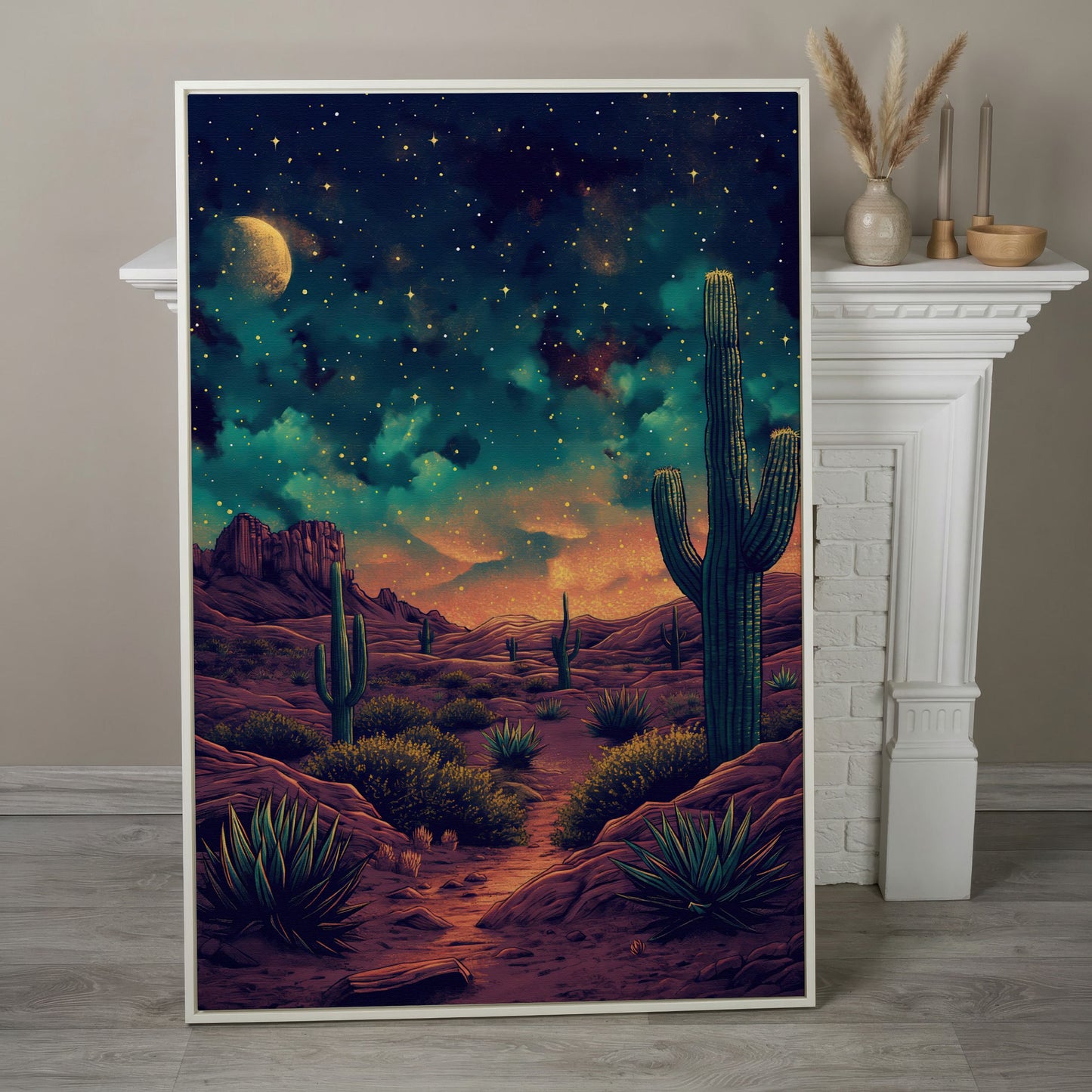 Starlit Desert with Saguaros Canvas Print in white floating frame