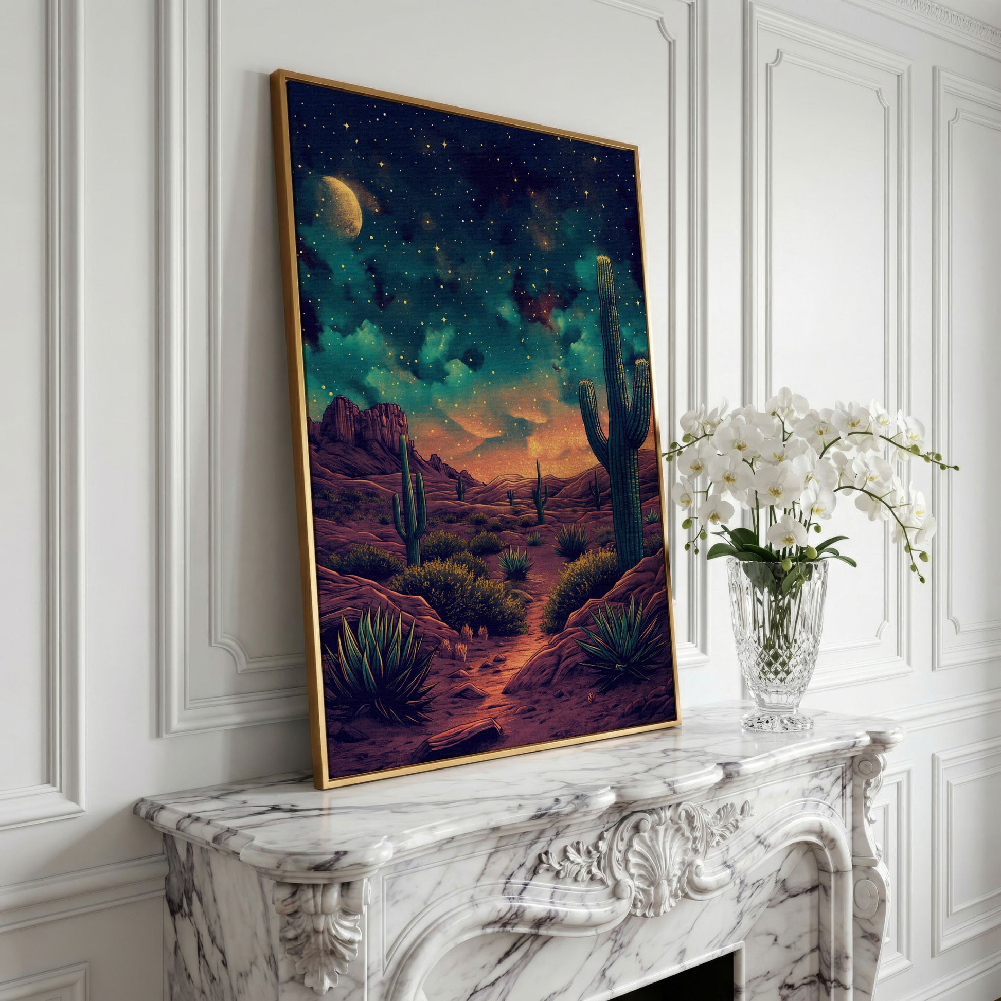 Starlit Desert with Saguaros Canvas Print in yellow gold floating frame