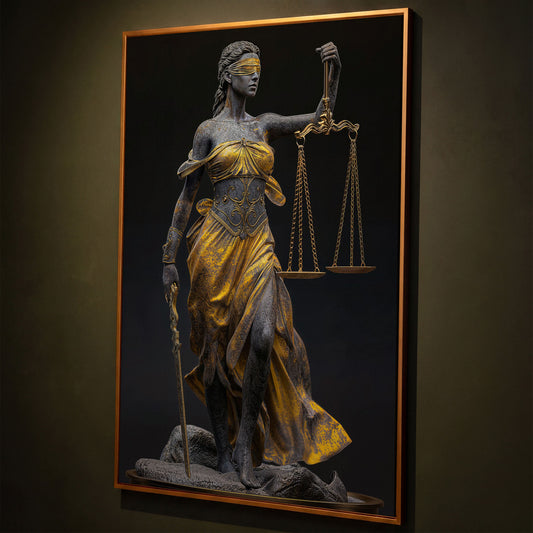 Justice Scale Themis Canvas Print shown in antique gold floating frame