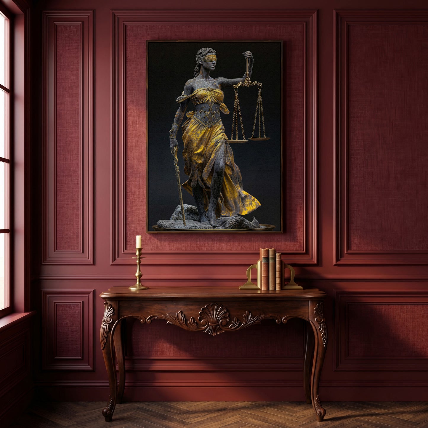 Justice Scale Themis Canvas Print in dark walnut floating frame