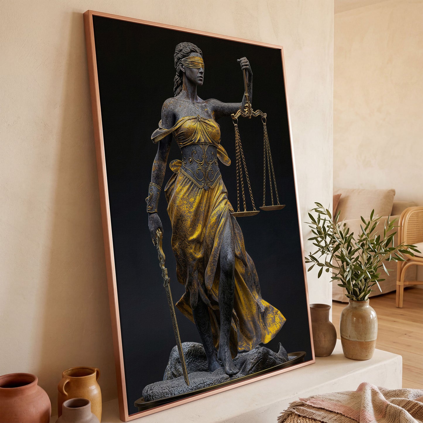 Justice Scale Themis Canvas Print in rose gold floating frame