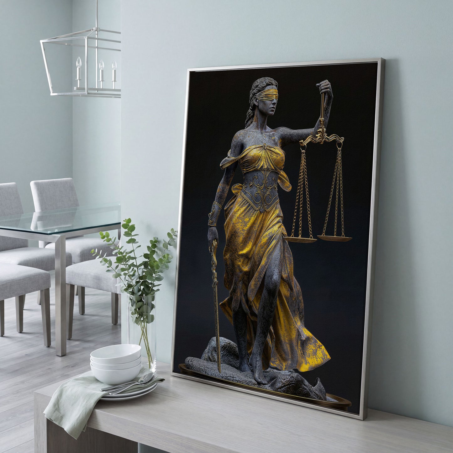 Justice Scale Themis Canvas Print in silver floating frame