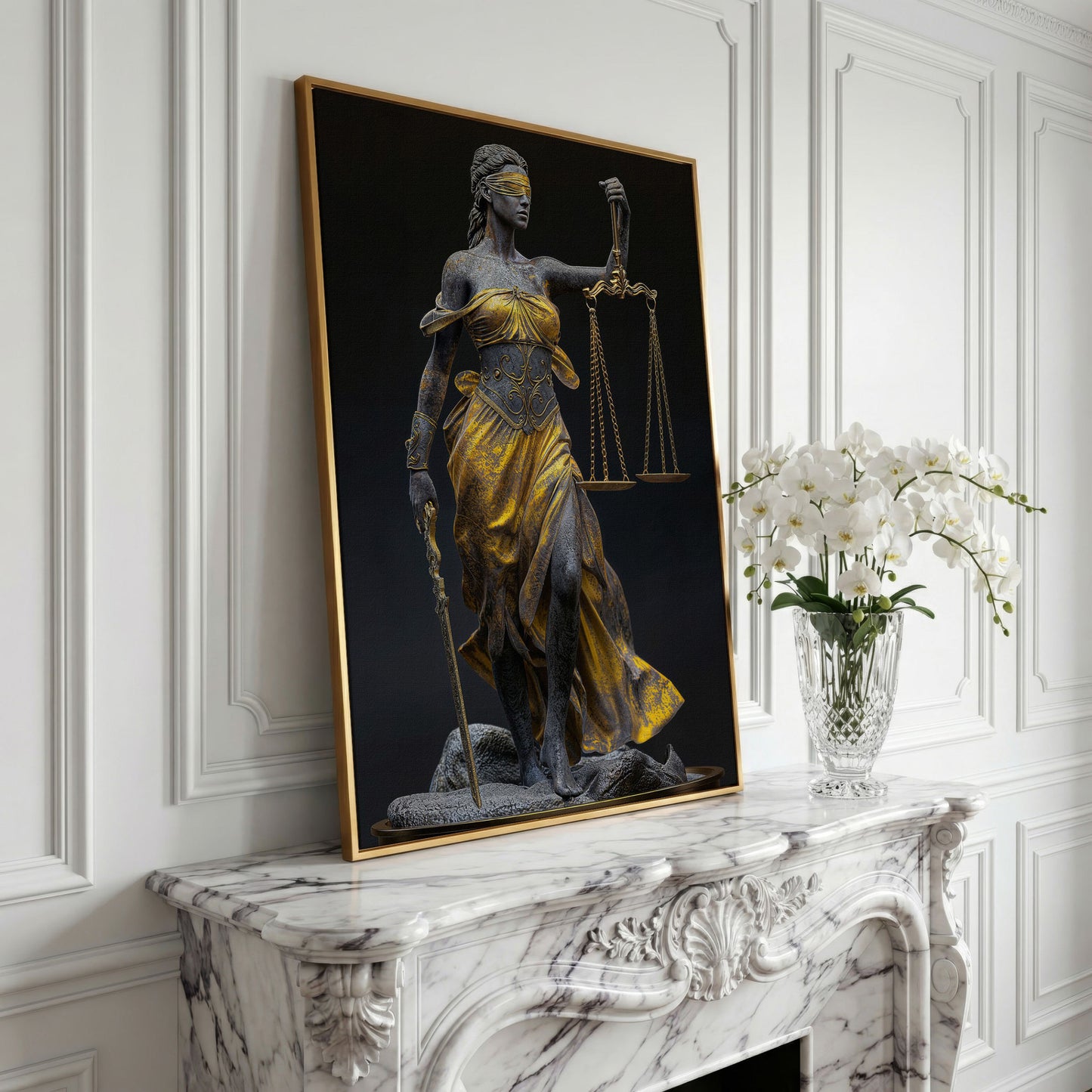 Justice Scale Themis Canvas Print in yellow gold floating frame