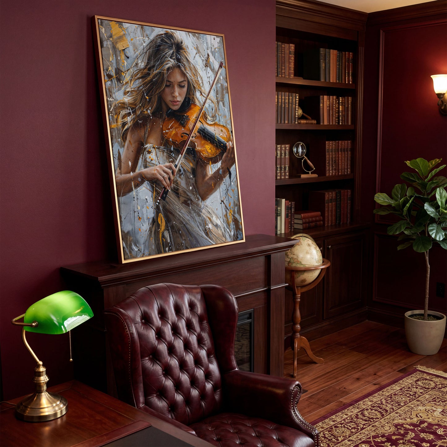 Girl Playing Violin Canvas Print in antique gold floating frame