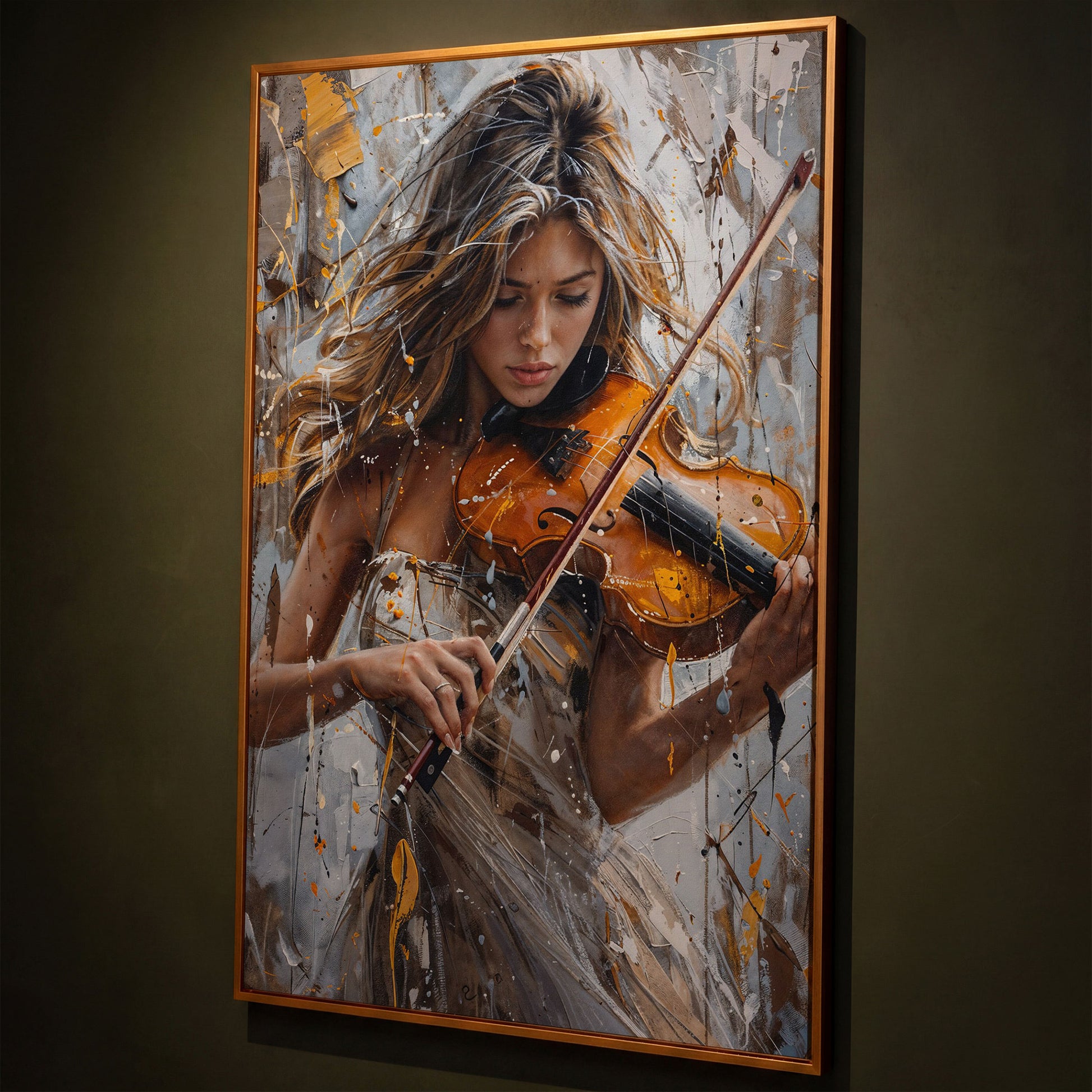 Girl Playing Violin Canvas Print shown in antique gold floating frame