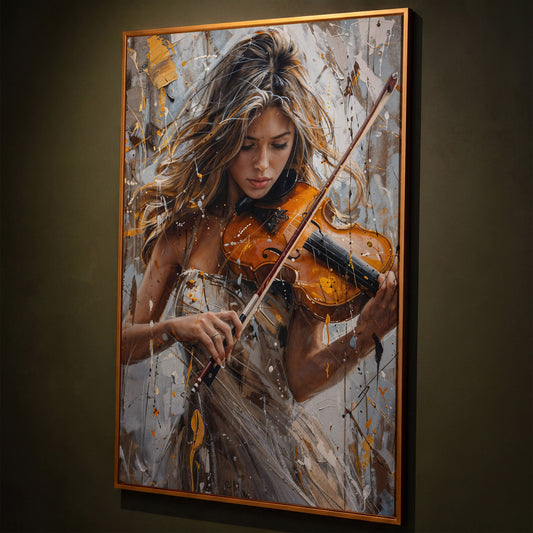 Girl Playing Violin Canvas Print shown in antique gold floating frame