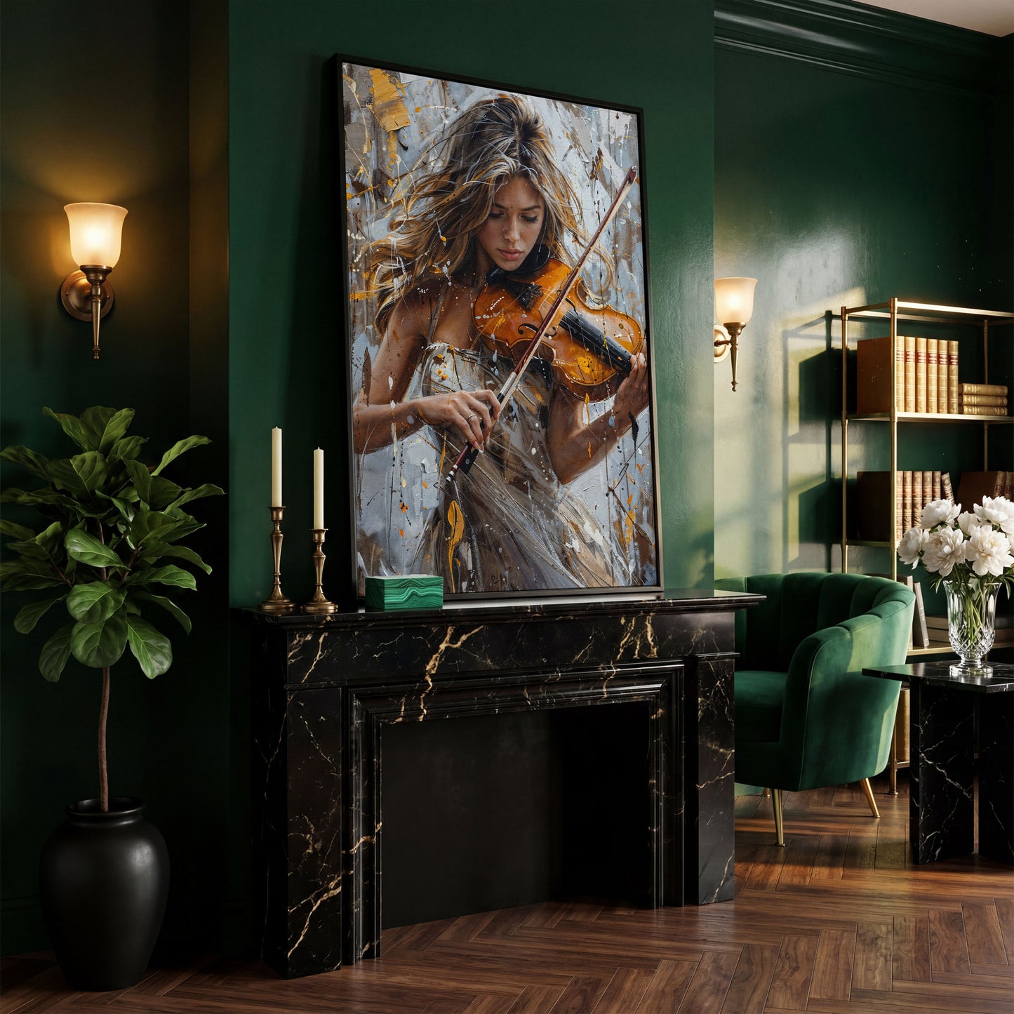Girl Playing Violin Canvas Print in black floating frame