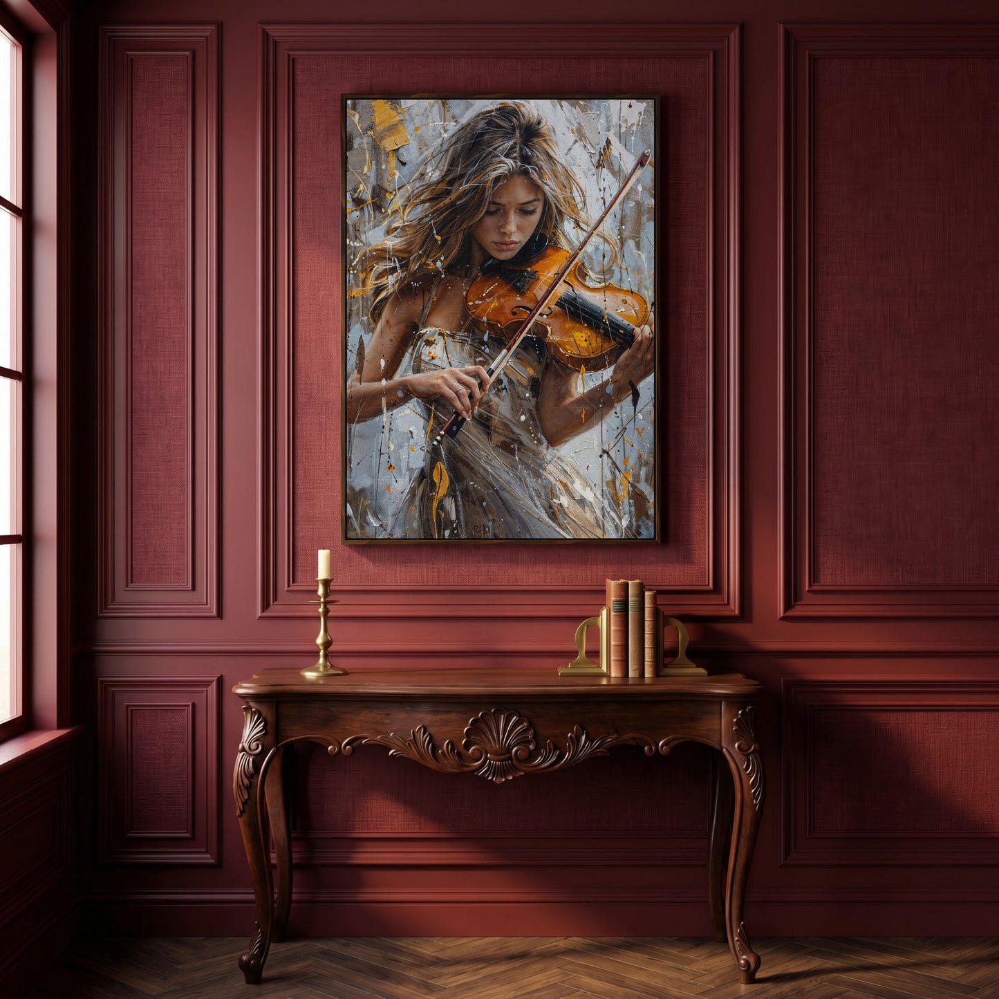 Girl Playing Violin Canvas Print in dark walnut floating frame