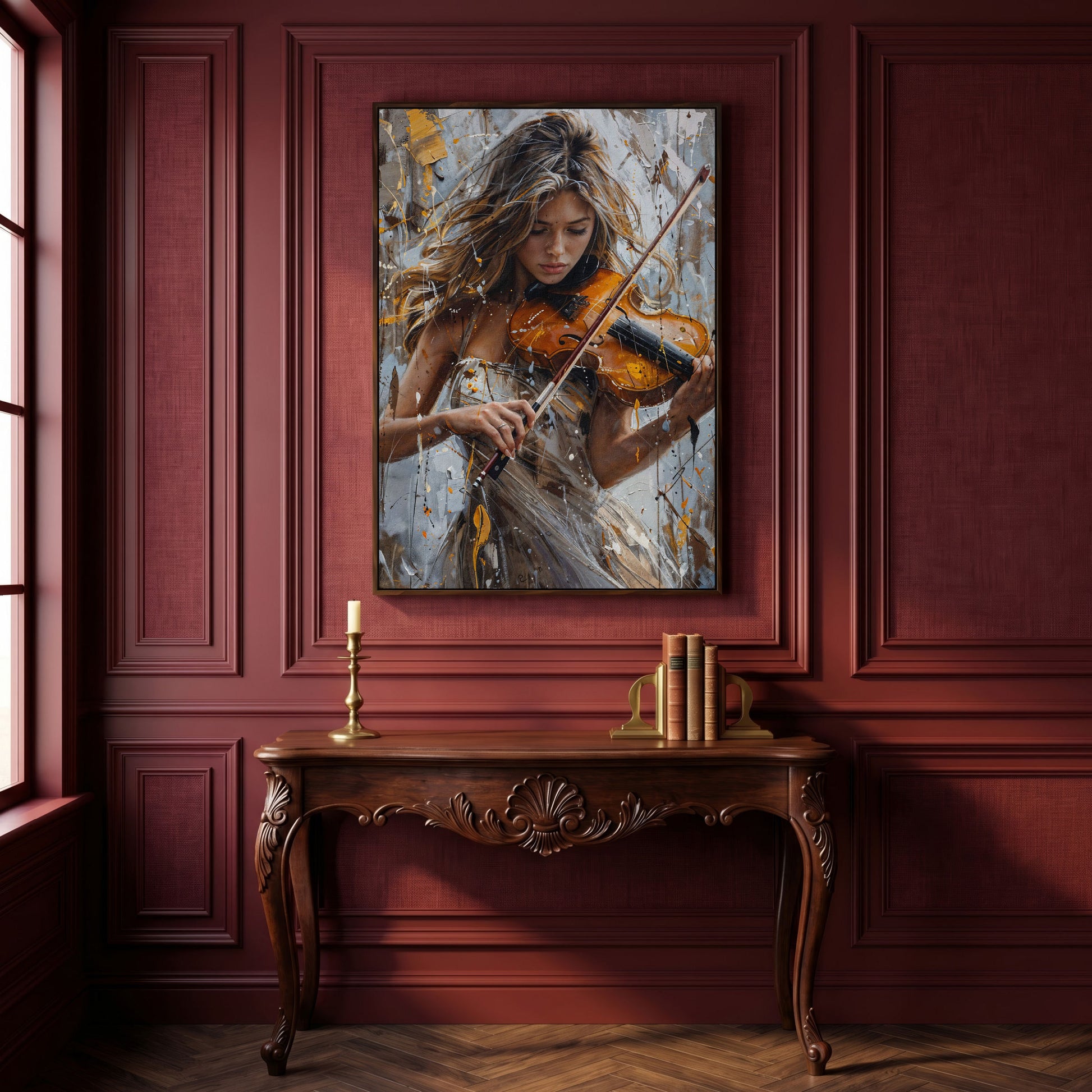 Girl Playing Violin Canvas Print in dark walnut floating frame