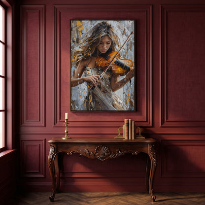 Girl Playing Violin Canvas Print in dark walnut floating frame