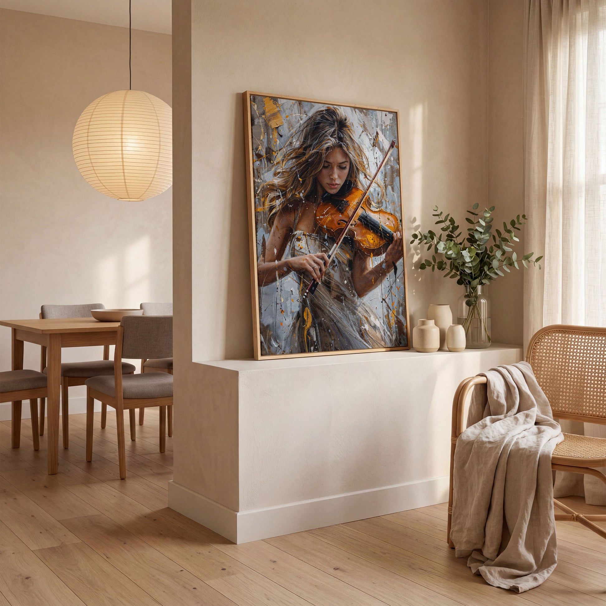 Girl Playing Violin Canvas Print in white oak floating frame