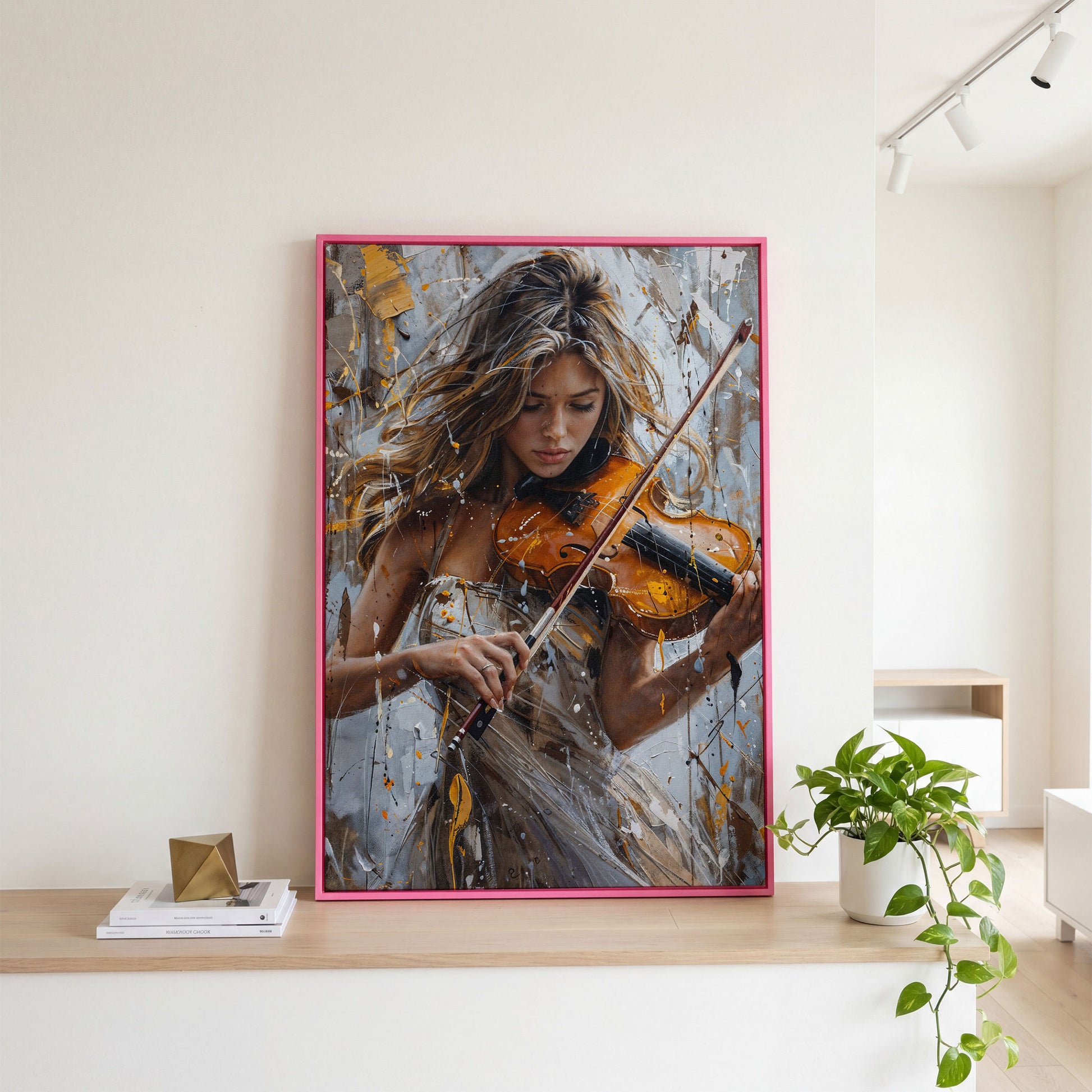 Girl Playing Violin Canvas Print in pink floating frame