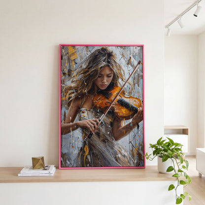 Girl Playing Violin Canvas Print in pink floating frame