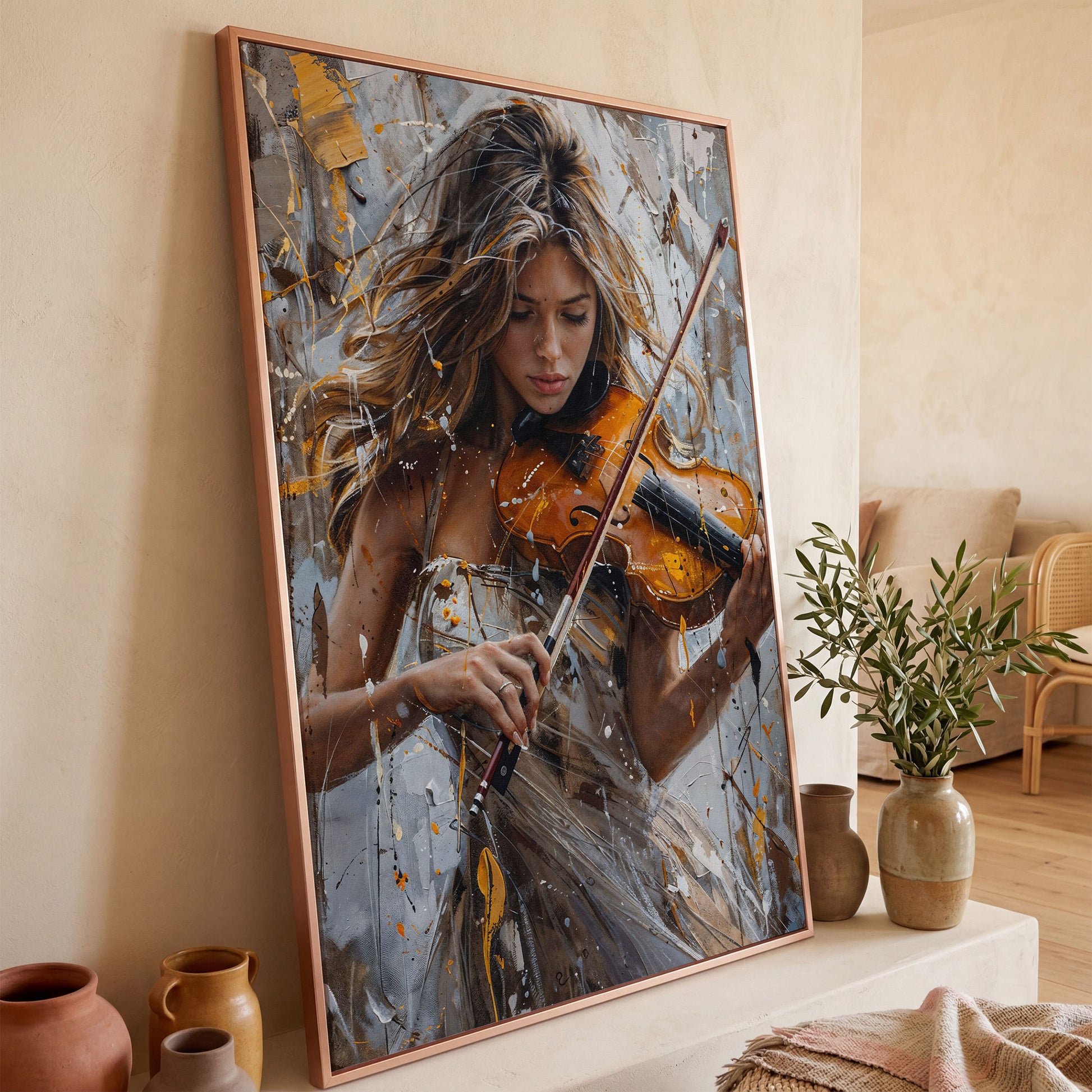 Girl Playing Violin Canvas Print in rose gold floating frame