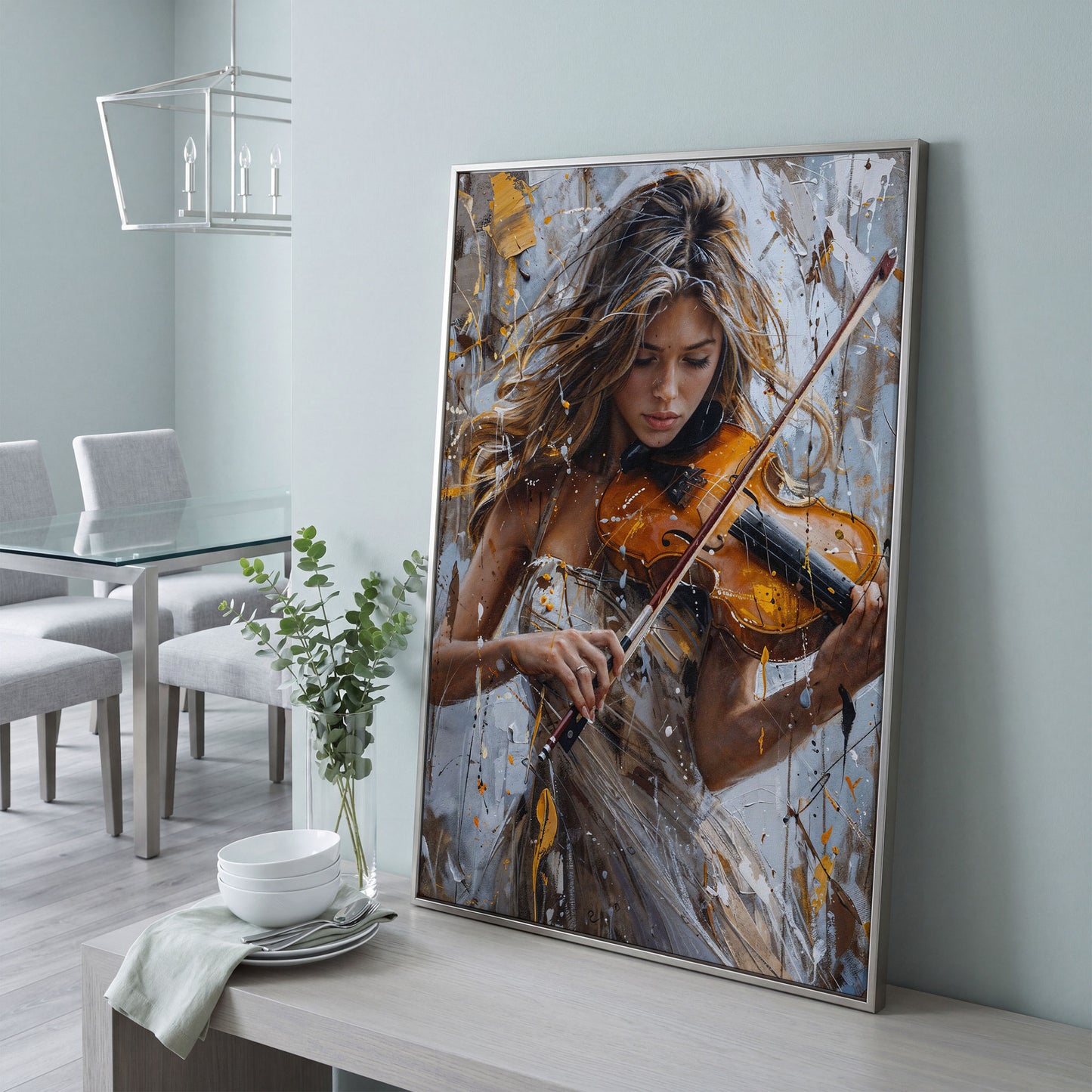 Girl Playing Violin Canvas Print in silver floating frame