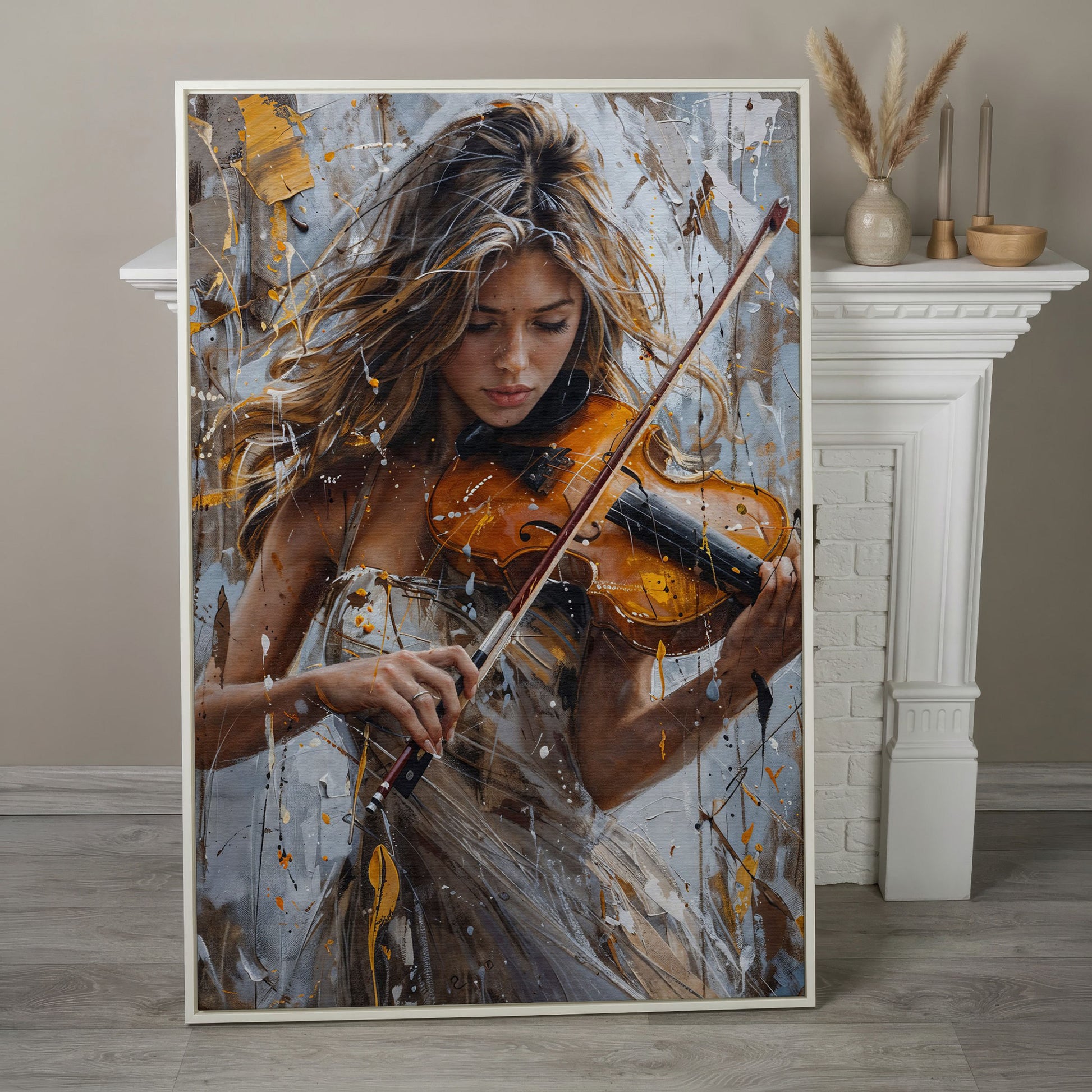 Girl Playing Violin Canvas Print in white floating frame