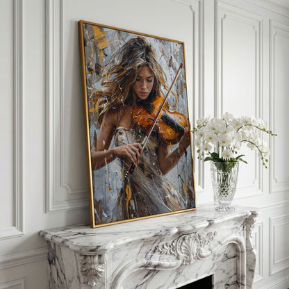 Girl Playing Violin Canvas Print in yellow gold floating frame