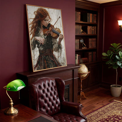 Redheaded Violinist in Creative Flow Canvas in antique gold floating frame
