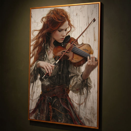 Redheaded Violinist in Creative Flow Canvas shown in antique gold floating frame