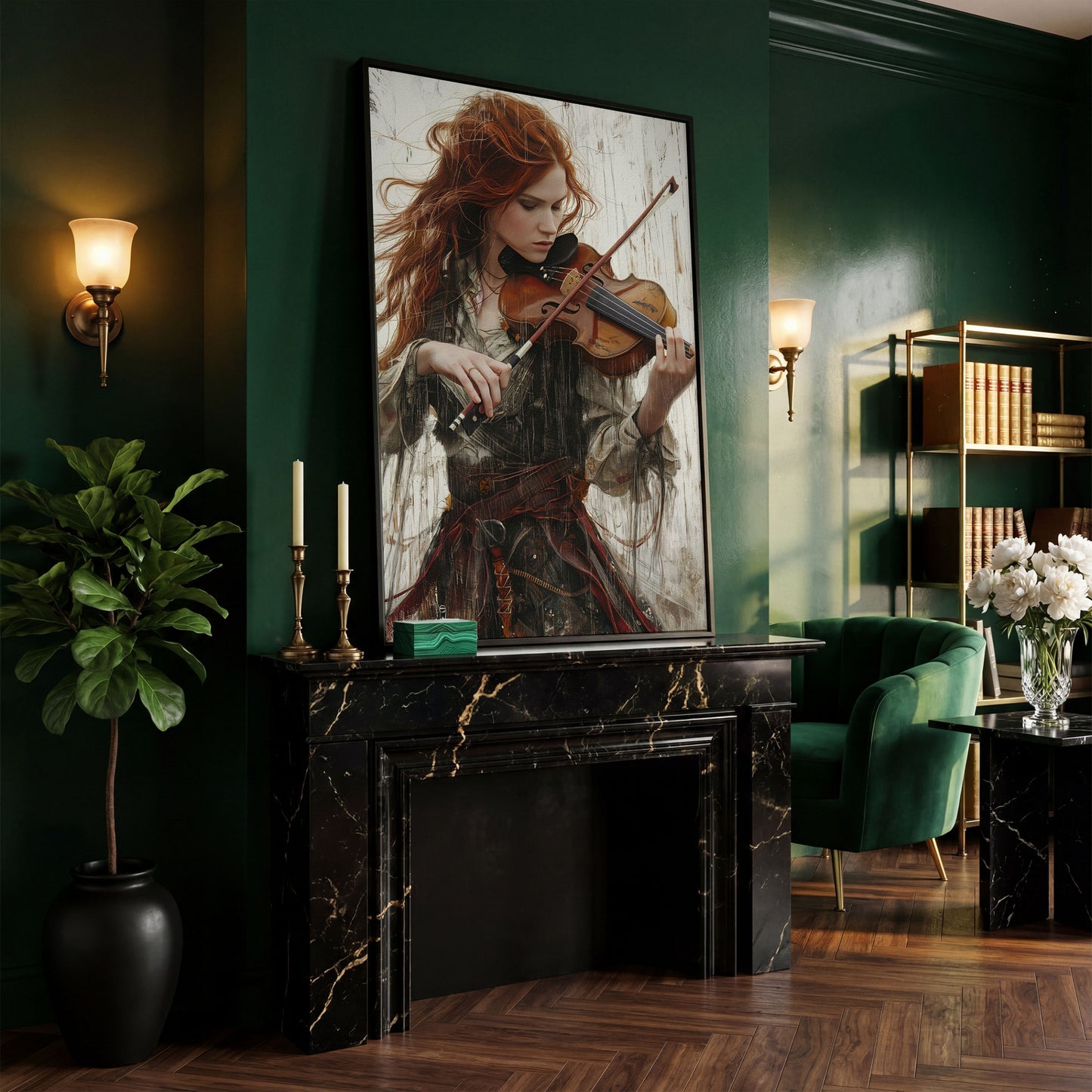 Redheaded Violinist in Creative Flow Canvas in black floating frame