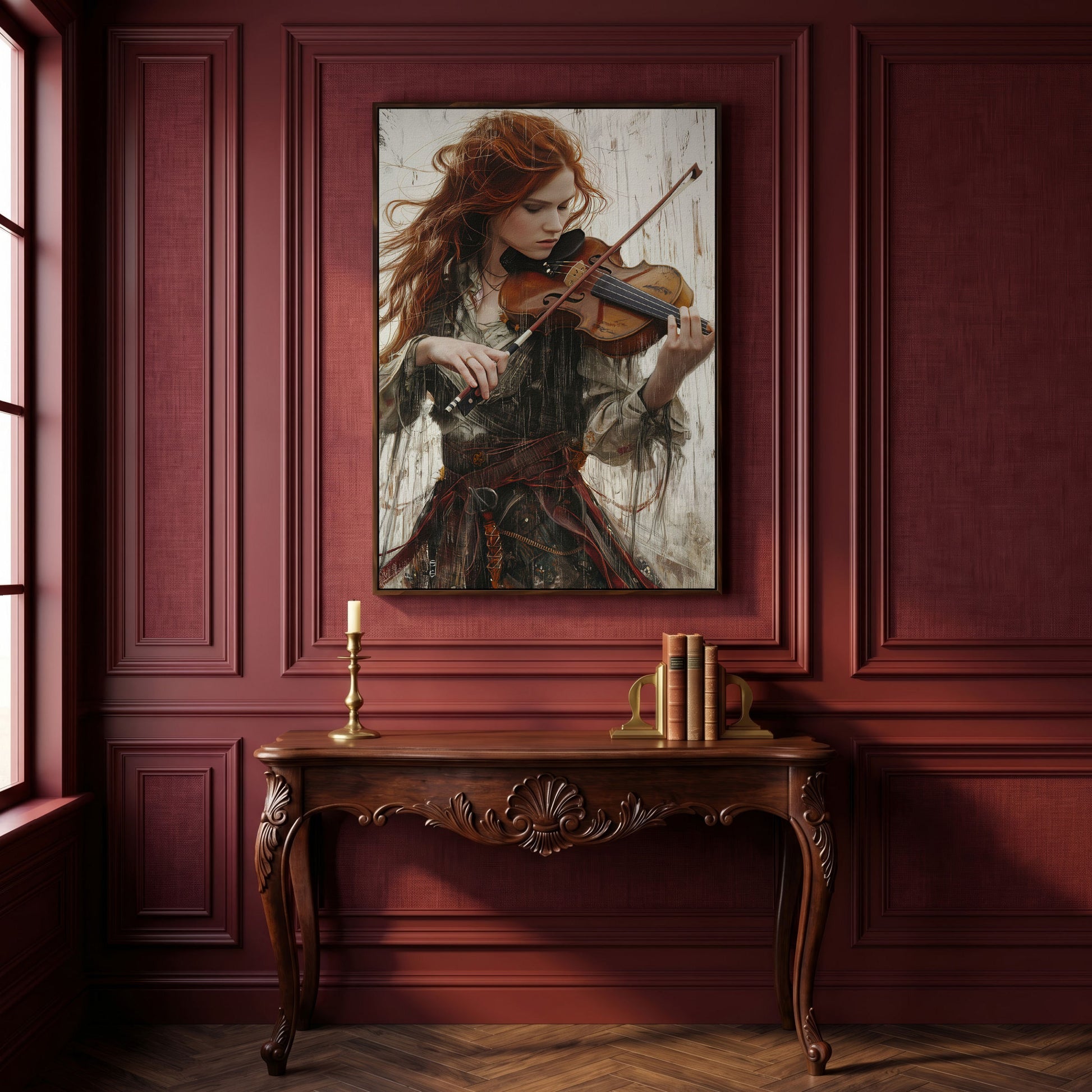 Redheaded Violinist in Creative Flow Canvas in dark walnut floating frame