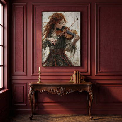 Redheaded Violinist in Creative Flow Canvas in dark walnut floating frame