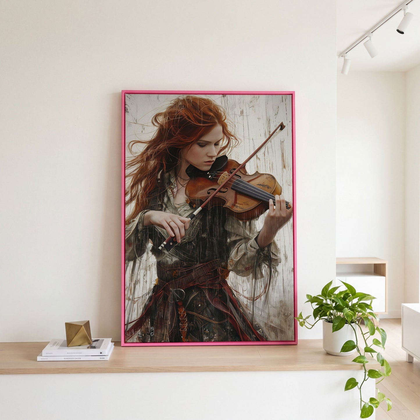 Redheaded Violinist in Creative Flow Canvas in pink floating frame