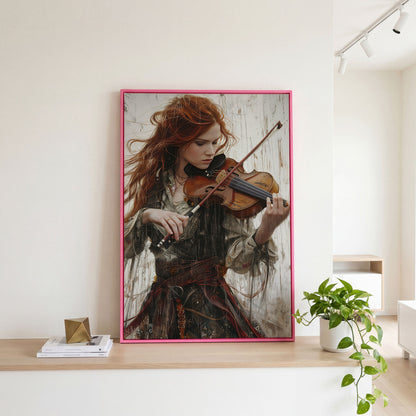 Redheaded Violinist in Creative Flow Canvas in pink floating frame