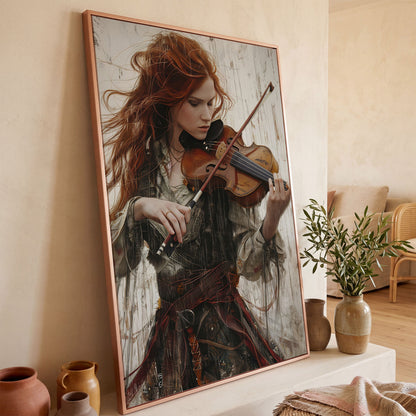 Redheaded Violinist in Creative Flow Canvas in rose gold floating frame