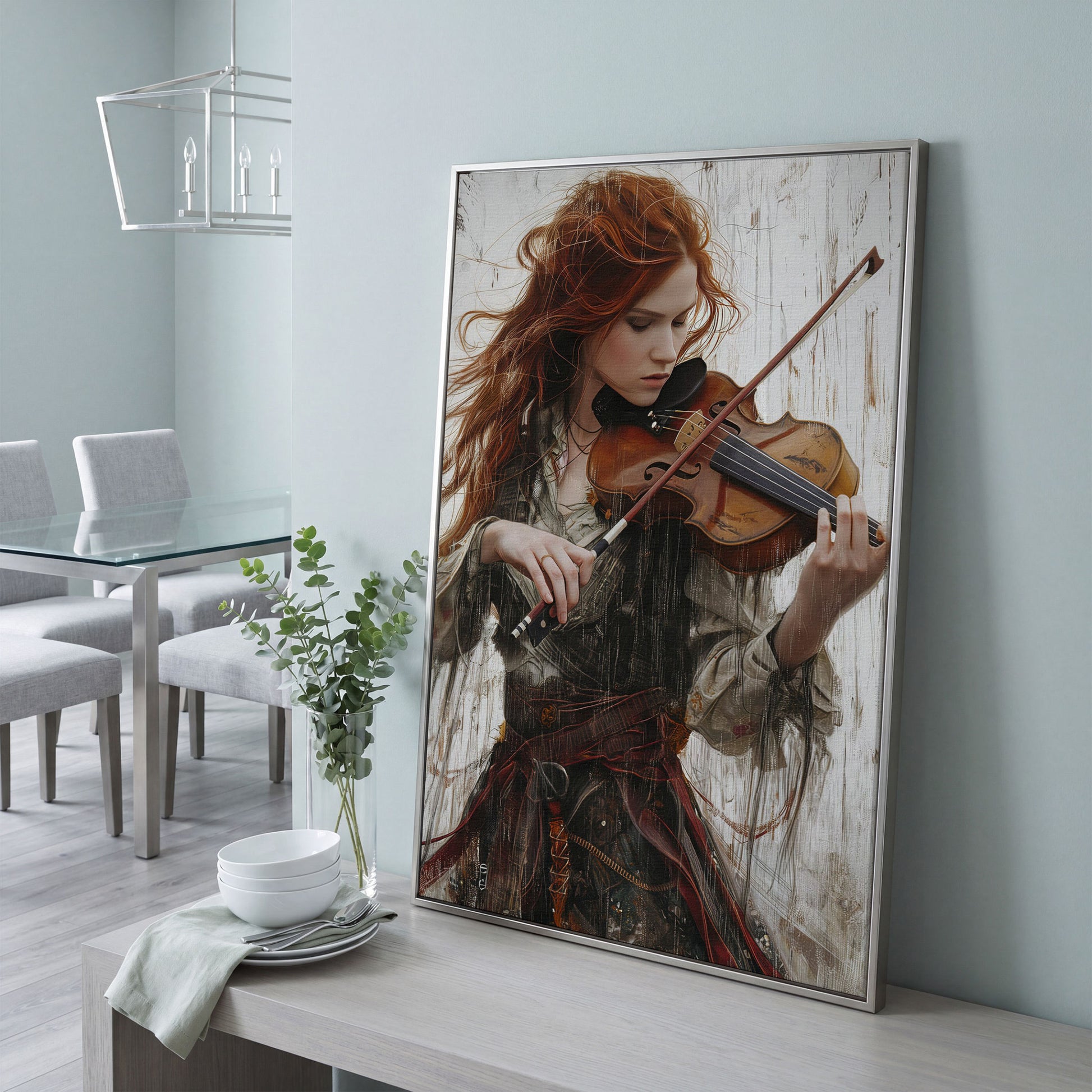 Redheaded Violinist in Creative Flow Canvas in silver floating frame