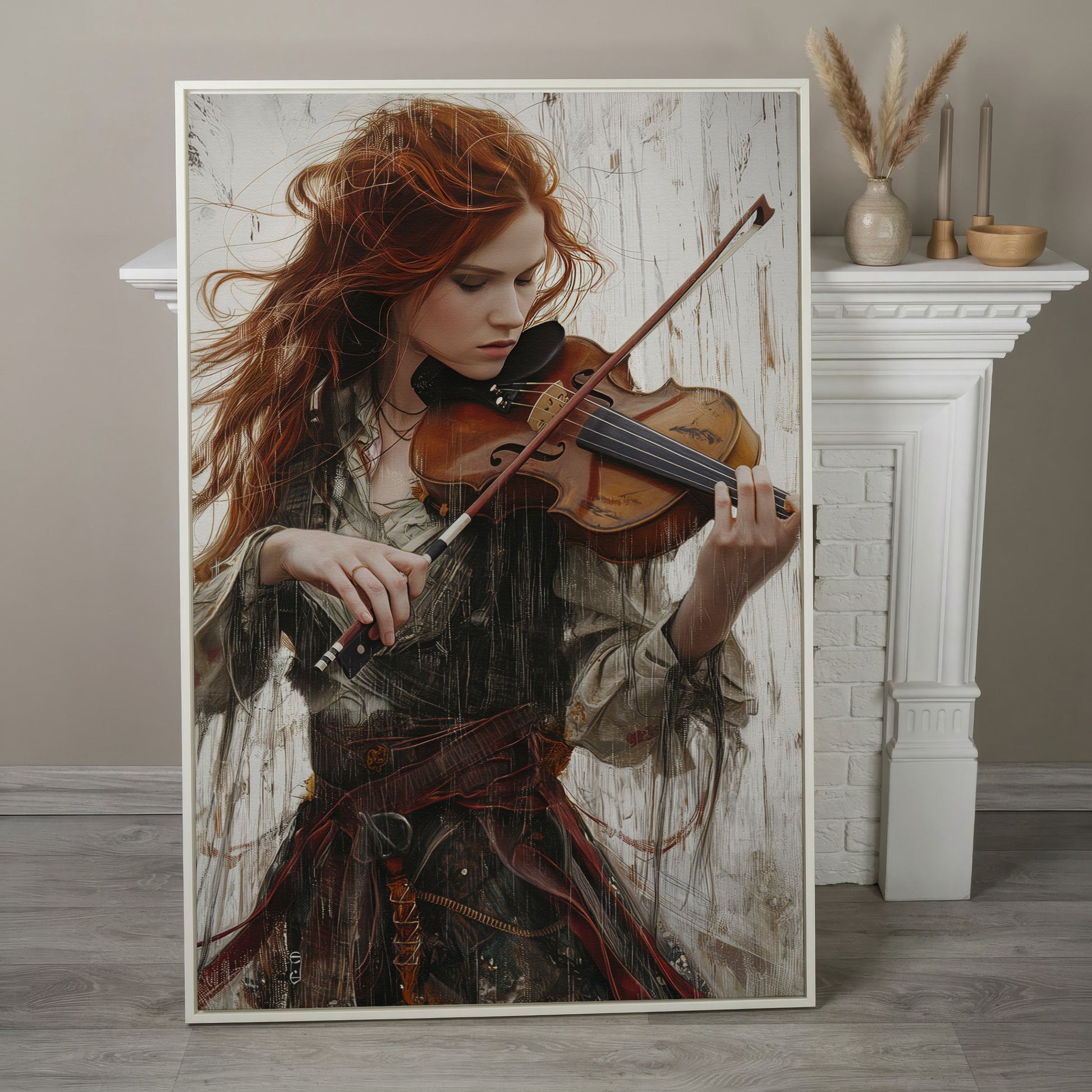 Redheaded Violinist in Creative Flow Canvas in white floating frame