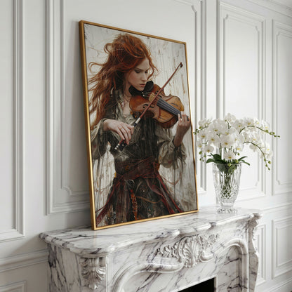Redheaded Violinist in Creative Flow Canvas in yellow gold floating frame