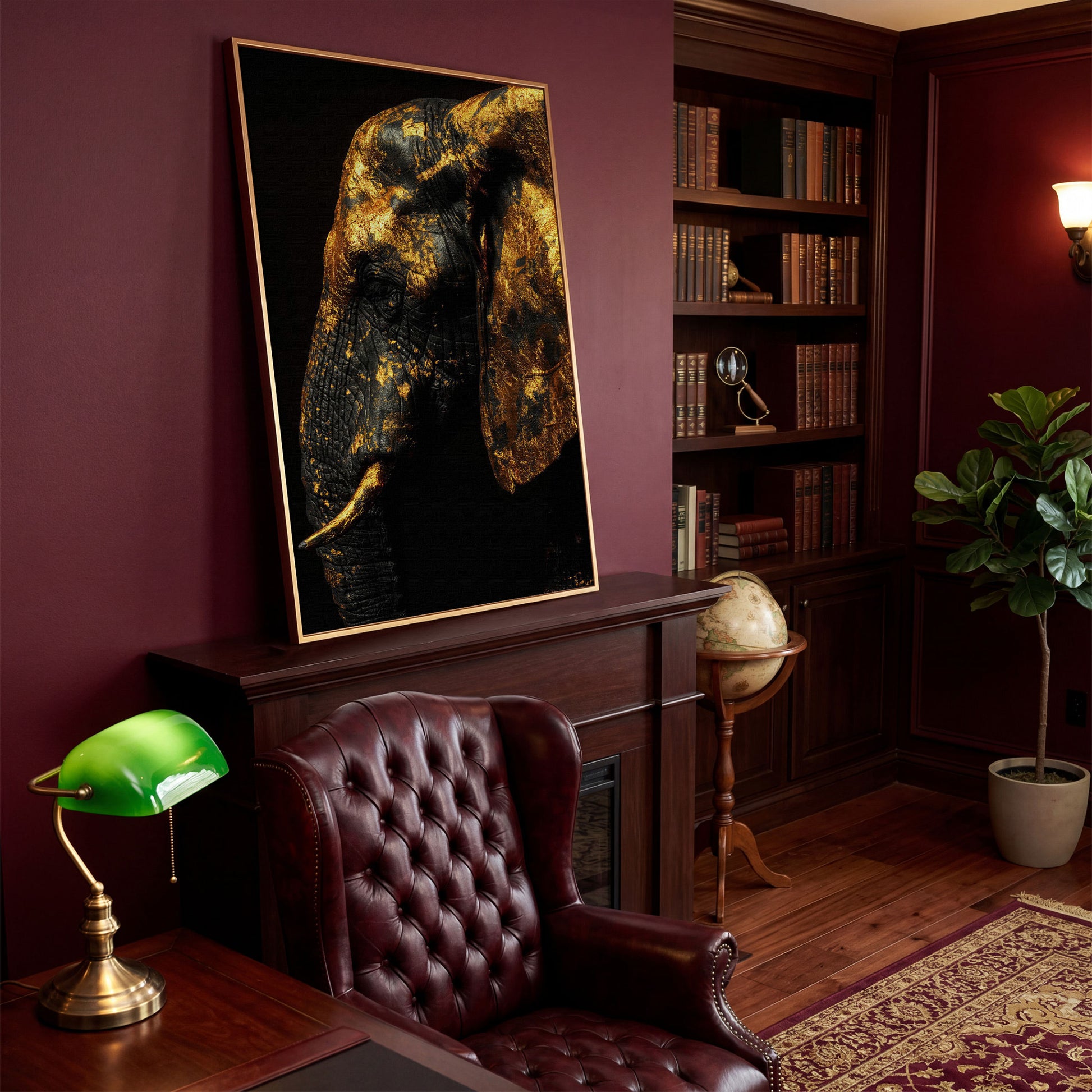 Gilded Elephant Close-Up Canvas in antique gold floating frame