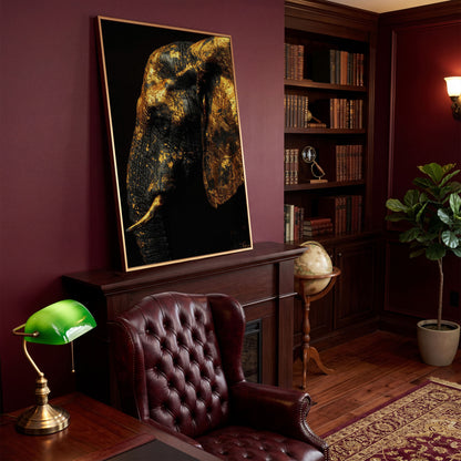 Gilded Elephant Close-Up Canvas in antique gold floating frame